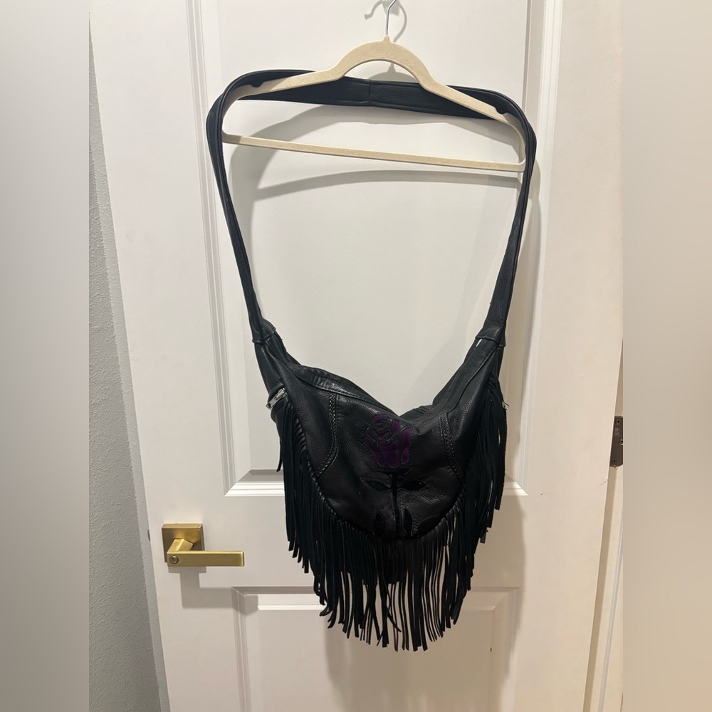 VTG Y2K Black Real Leather Fringe Crossbody Bag Purple Rose Patch Gothic Hobo